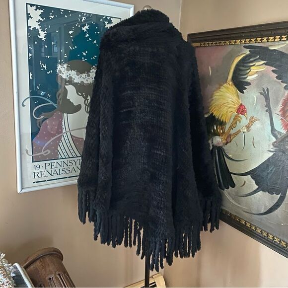 Fur poncho black knitted rabbit cowl neck cape large Xl plus one size - Picture 15 of 15